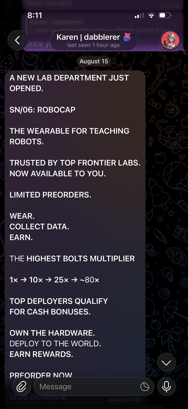The RoboCap brief arriving over Telegram: 'A new lab department just opened. SN/06: RoboCap. The wearable for teaching robots.'