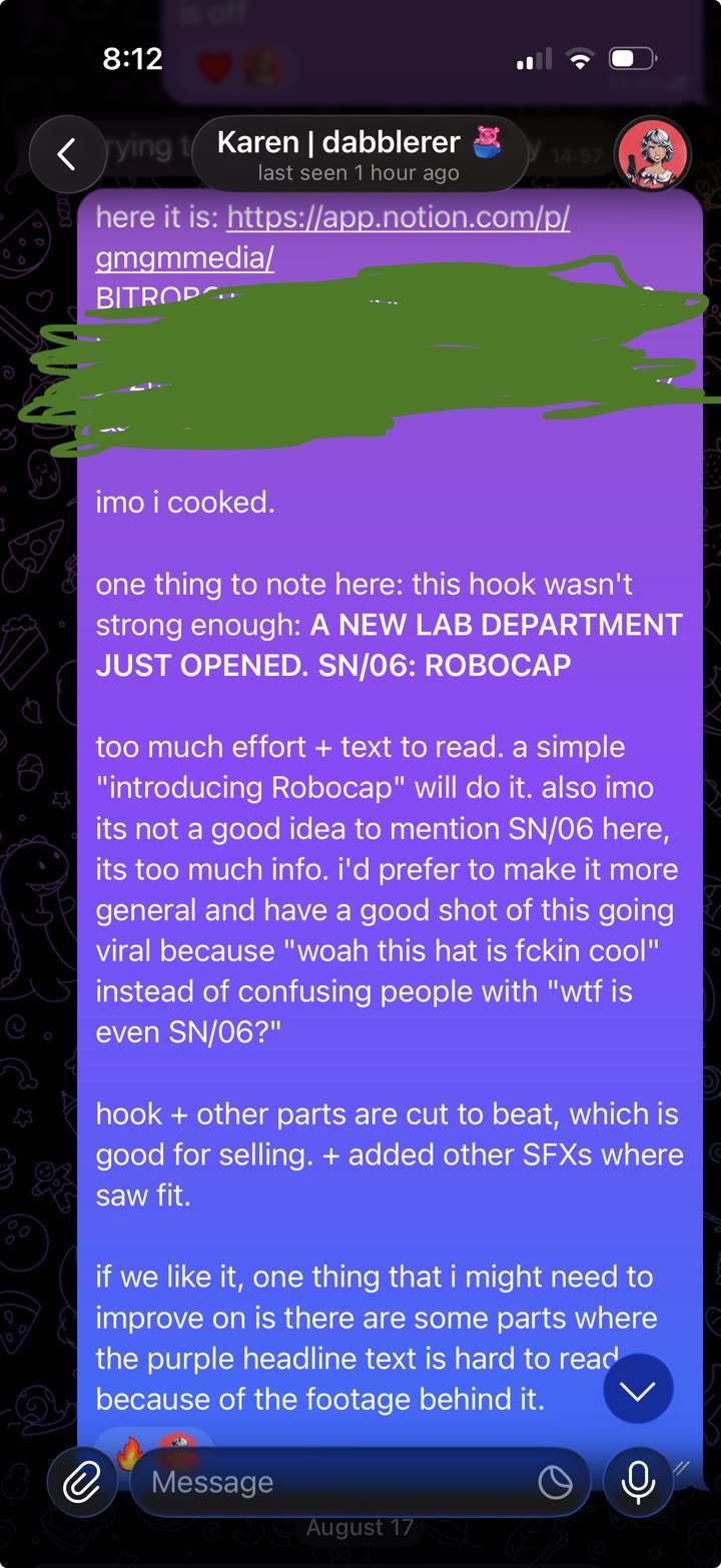The first cut delivered, with my own notes attached: the brief's hook was too much text, a plain 'introducing RoboCap' would carry it.