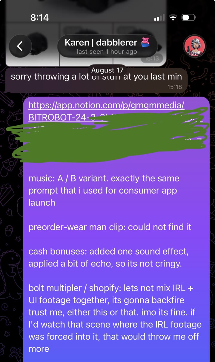 A/B music variants, a sound effect on the cash-bonuses beat, and why IRL and UI footage stayed separate.