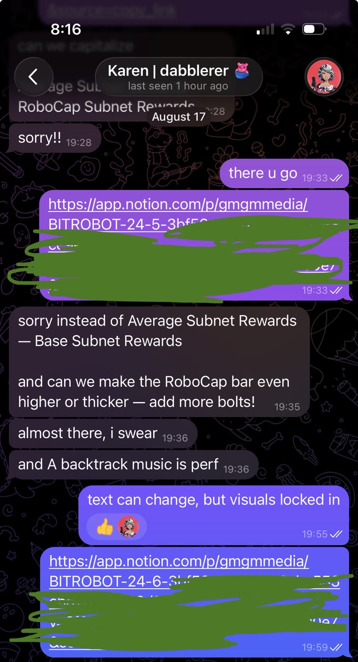 Base Subnet Rewards renamed, the RoboCap bar taller, visuals locked — the cut that shipped, at 19:59.
