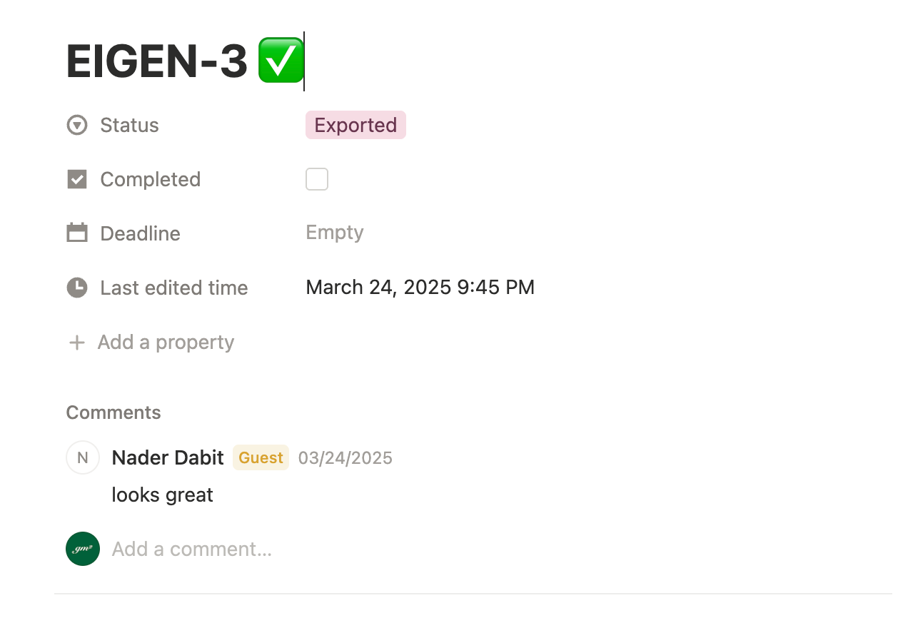 dabit3's sign-off on EIGEN-3 in the shared tracker: status Exported, one comment — looks great.