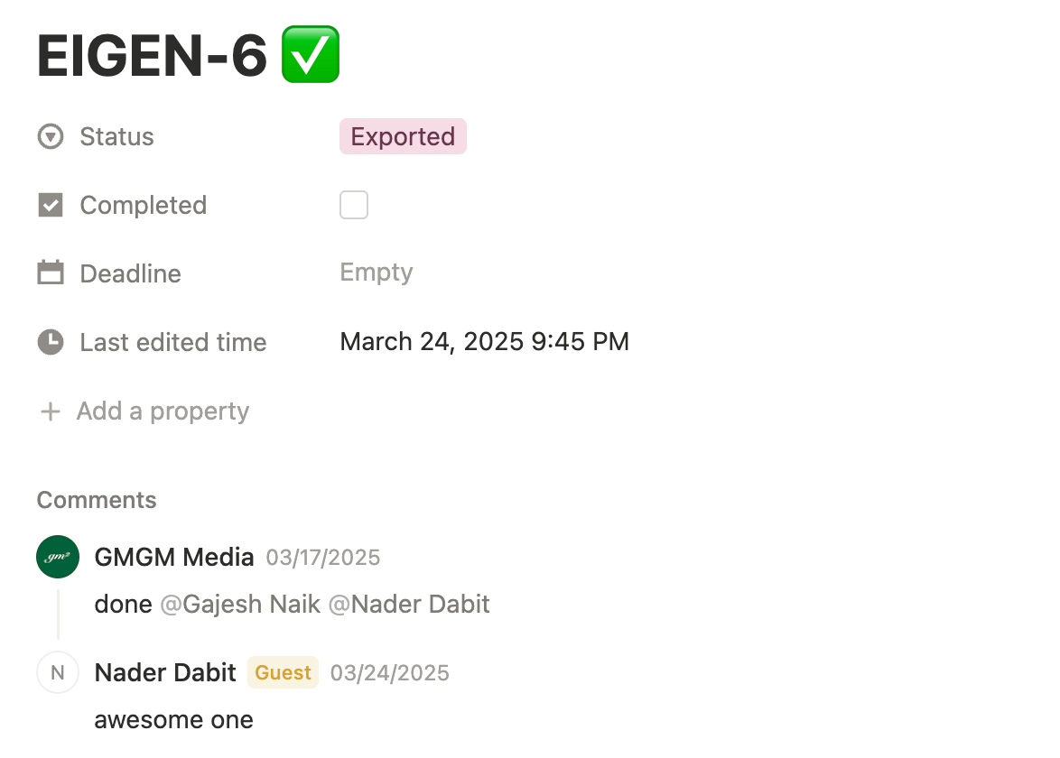 EIGEN-6 marked done in the tracker, dabit3 replying: awesome one.
